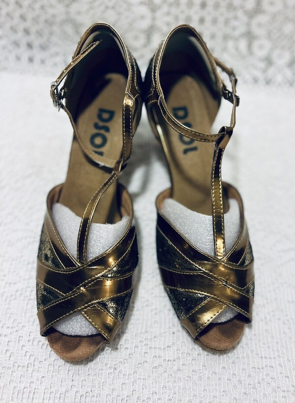 DSOL Dance Shoes, Bronze, Dance, Costume, Heels, Open Toe, W/Metalic SZ 71/2